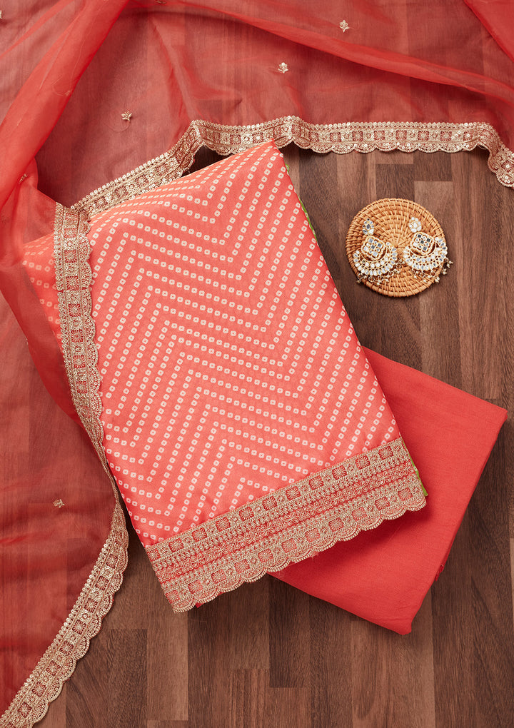 Peach and Parrot Green Zariwork Tissue Unstitched Salwar Suit