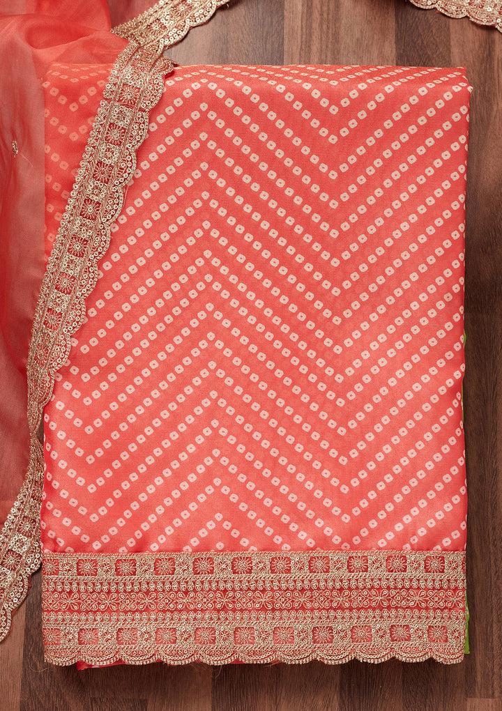 Peach and Parrot Green Zariwork Tissue Unstitched Salwar Suit