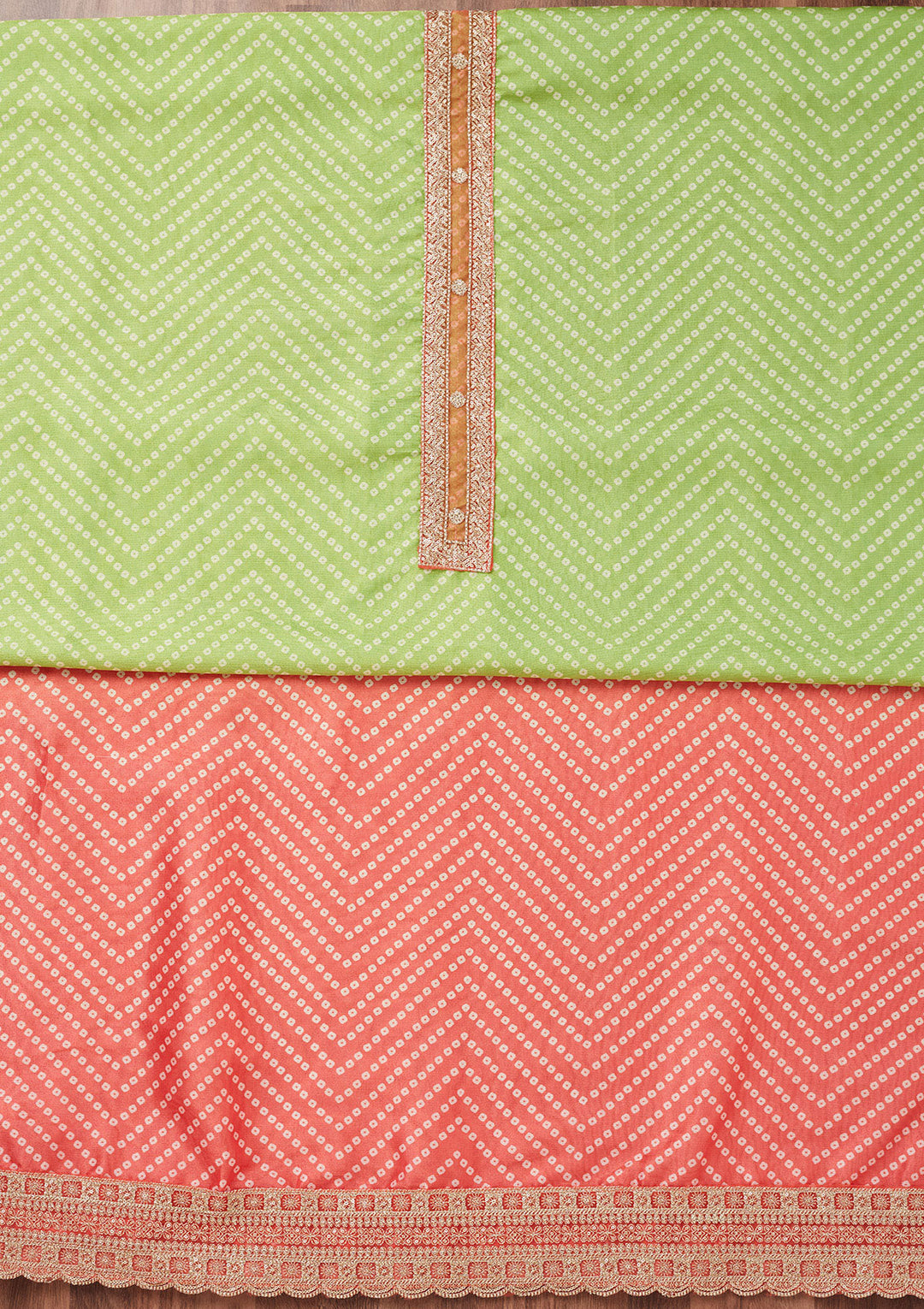 Peach and Parrot Green Zariwork Tissue Unstitched Salwar Suit