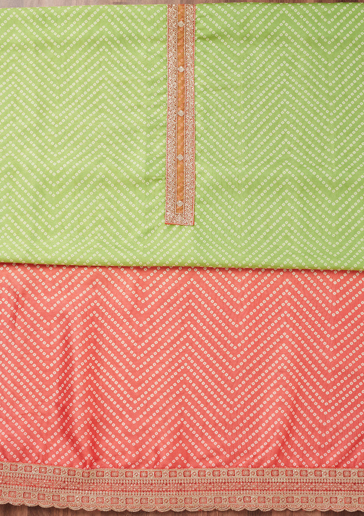 Peach and Parrot Green Zariwork Tissue Unstitched Salwar Suit