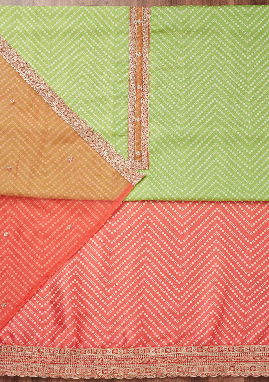 Peach and Parrot Green Zariwork Tissue Unstitched Salwar Suit