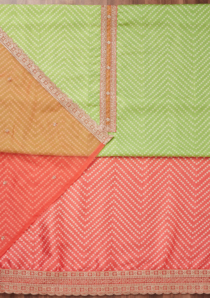 Peach and Parrot Green Zariwork Tissue Unstitched Salwar Suit