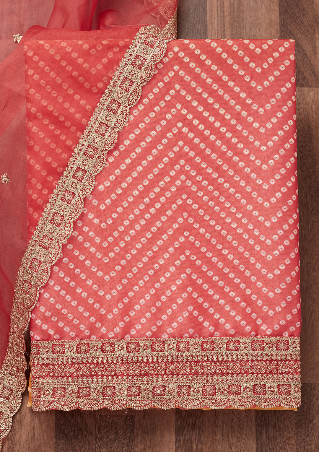 Peach and Yellow Zariwork Tissue Unstitched Salwar Suit