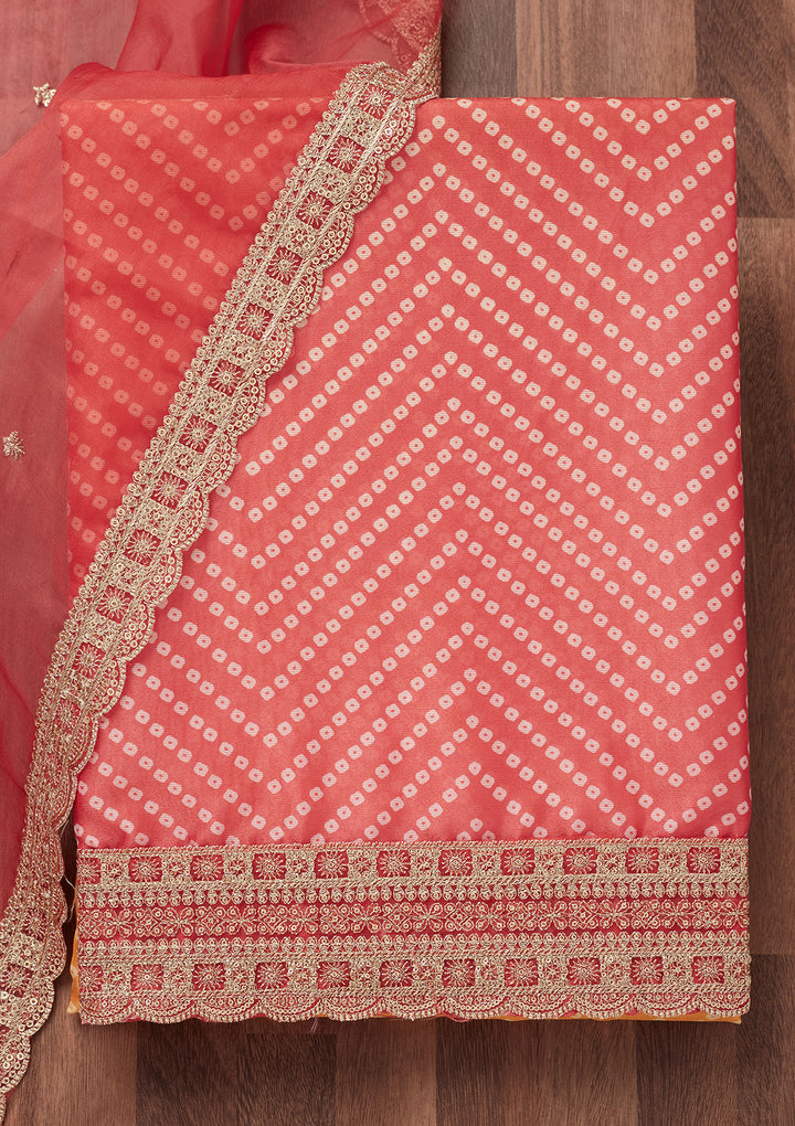 Peach and Yellow Zariwork Tissue Unstitched Salwar Suit
