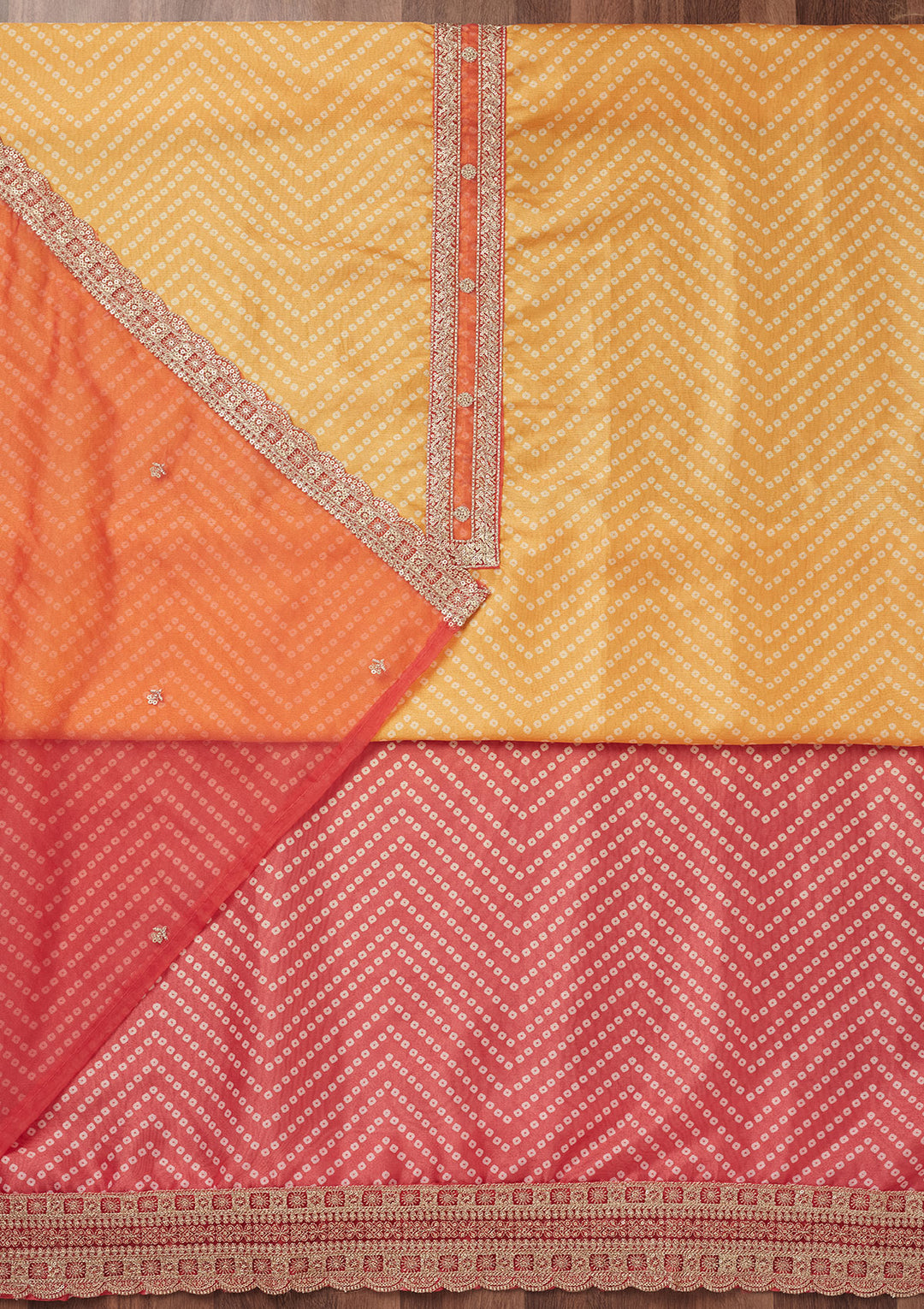 Peach and Yellow Zariwork Tissue Unstitched Salwar Suit