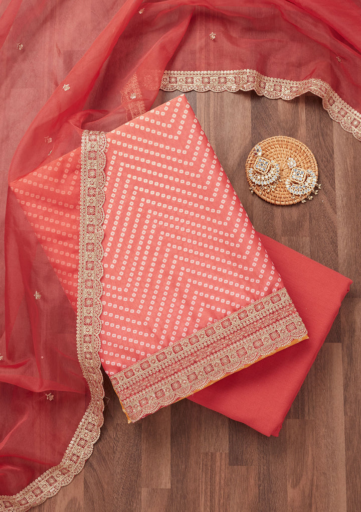 Peach and Yellow Zariwork Tissue Unstitched Salwar Suit