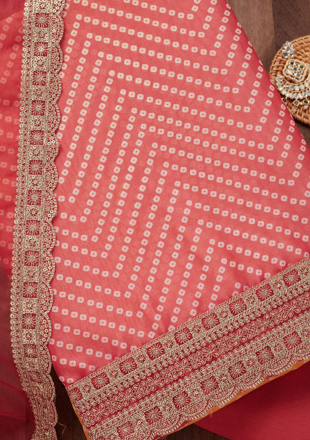 Peach and Yellow Zariwork Tissue Unstitched Salwar Suit