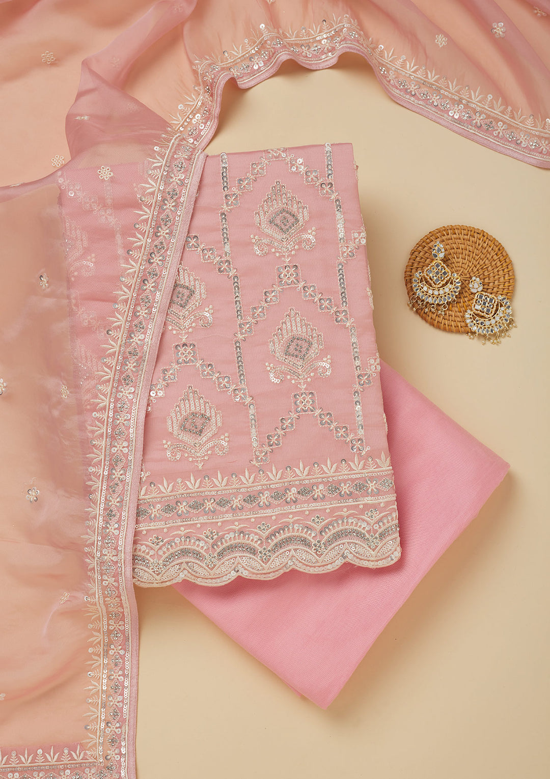 Peach Zariwork Tissue Unstitched Salwar Suit