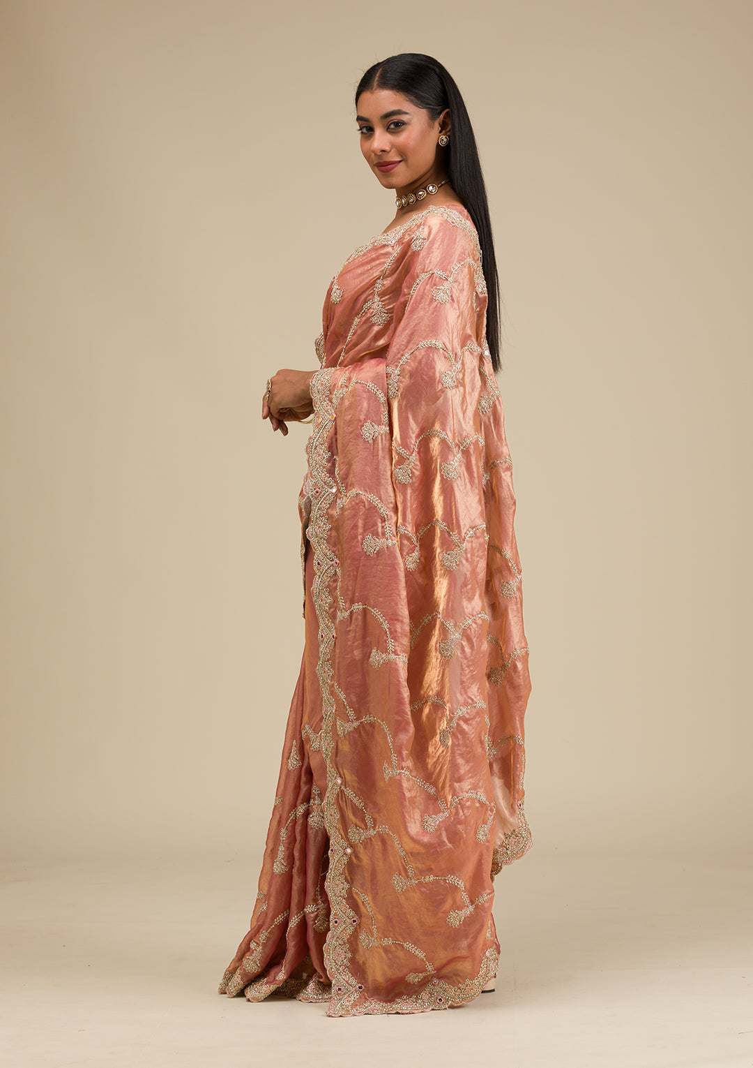 Peach Zariwork Tissue Saree