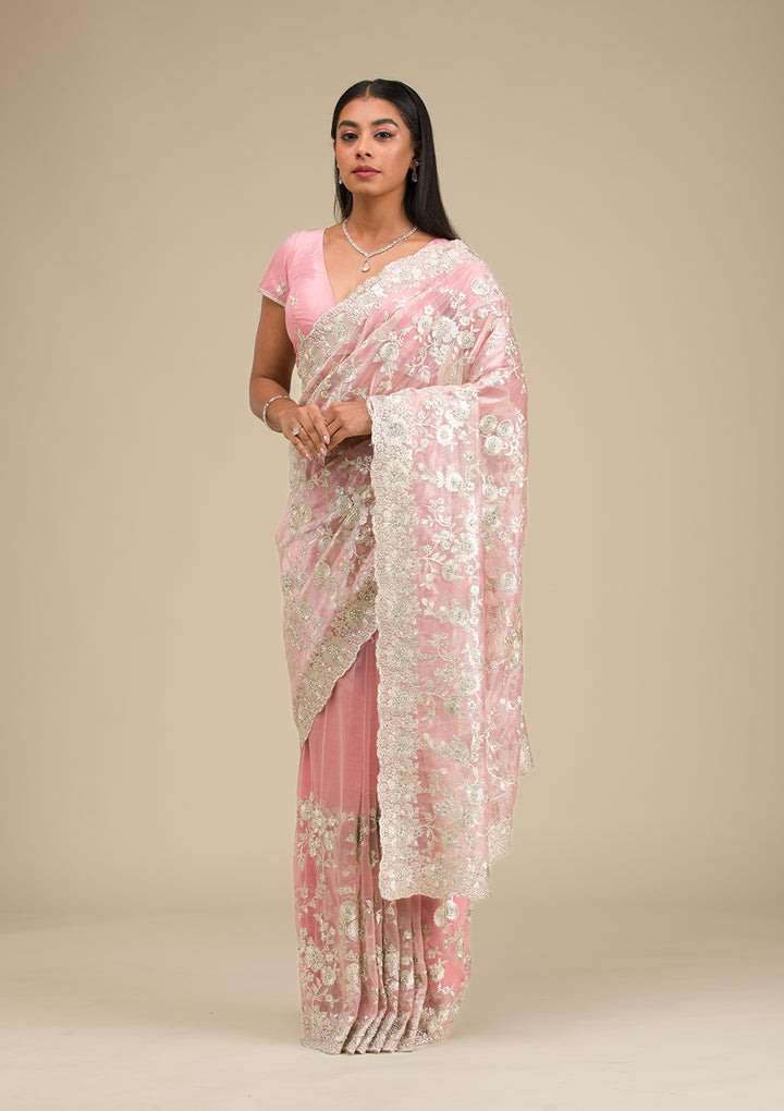Peach Zariwork Tissue Saree