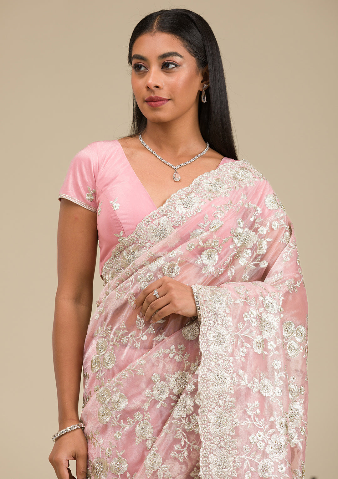 Peach Zariwork Tissue Saree