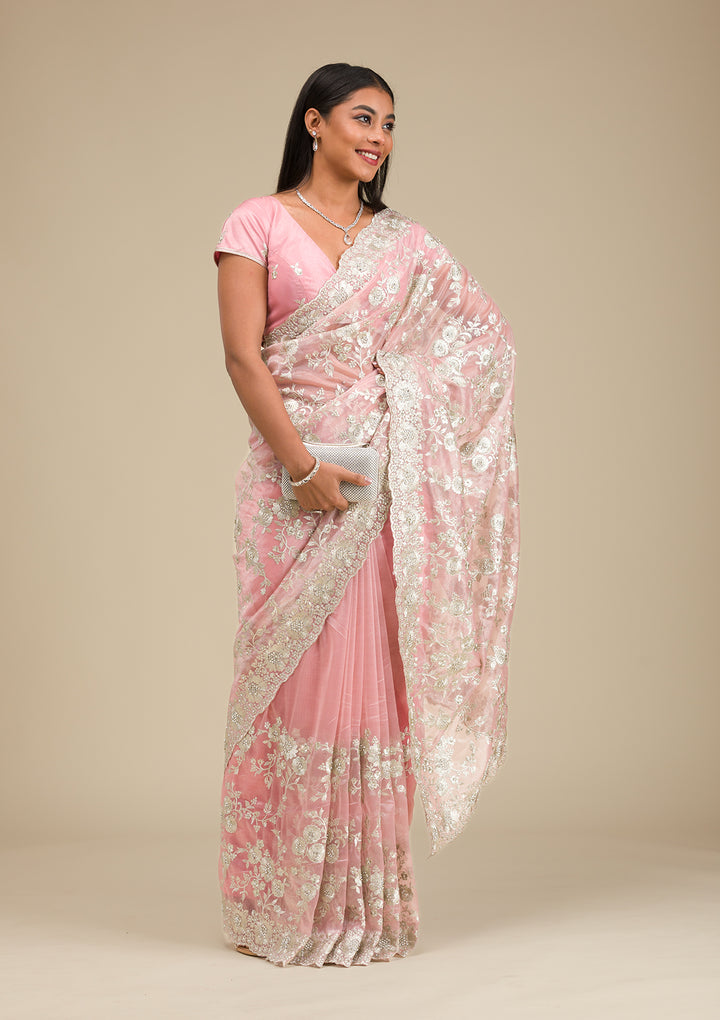 Peach Zariwork Tissue Saree
