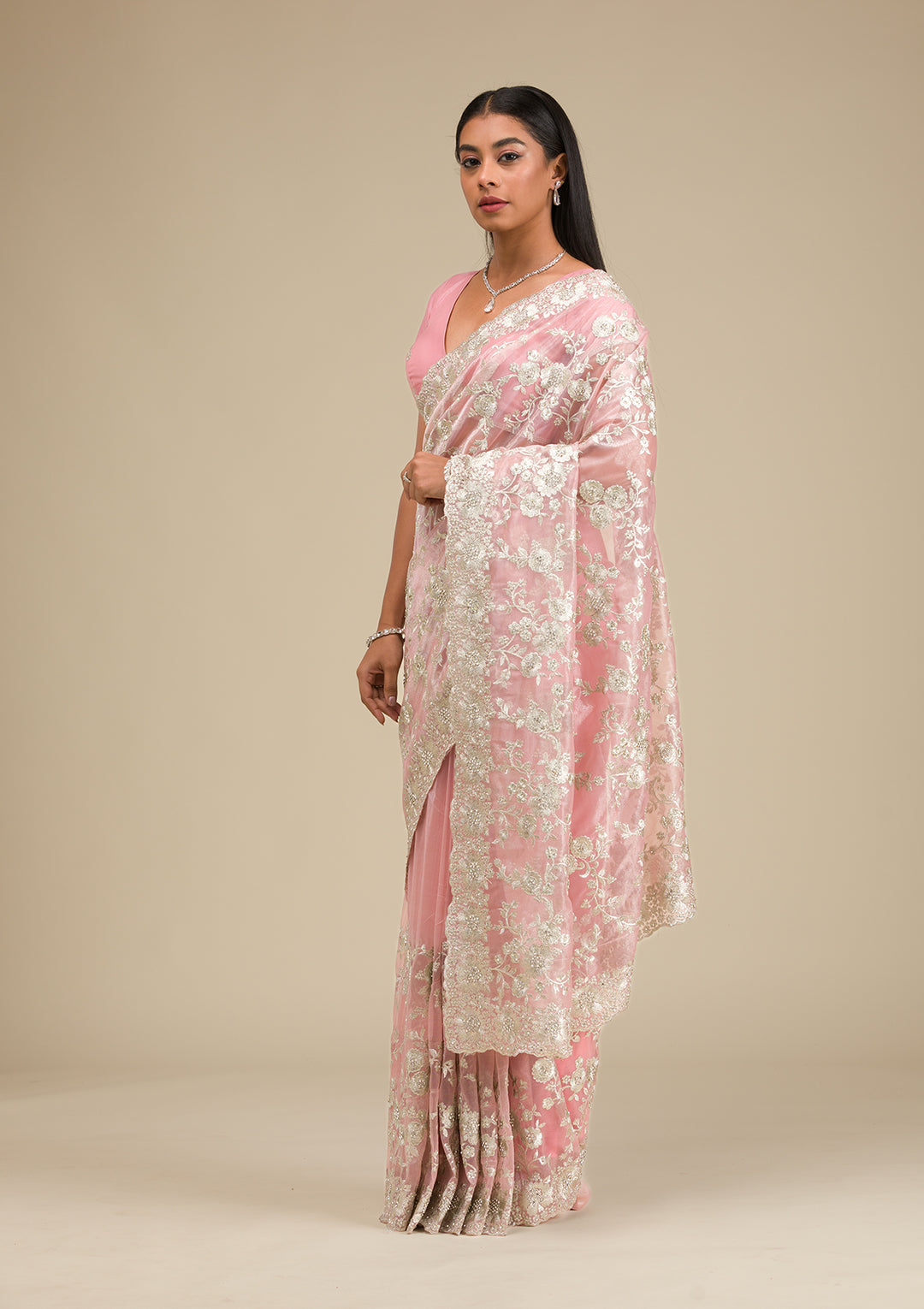 Peach Zariwork Tissue Saree