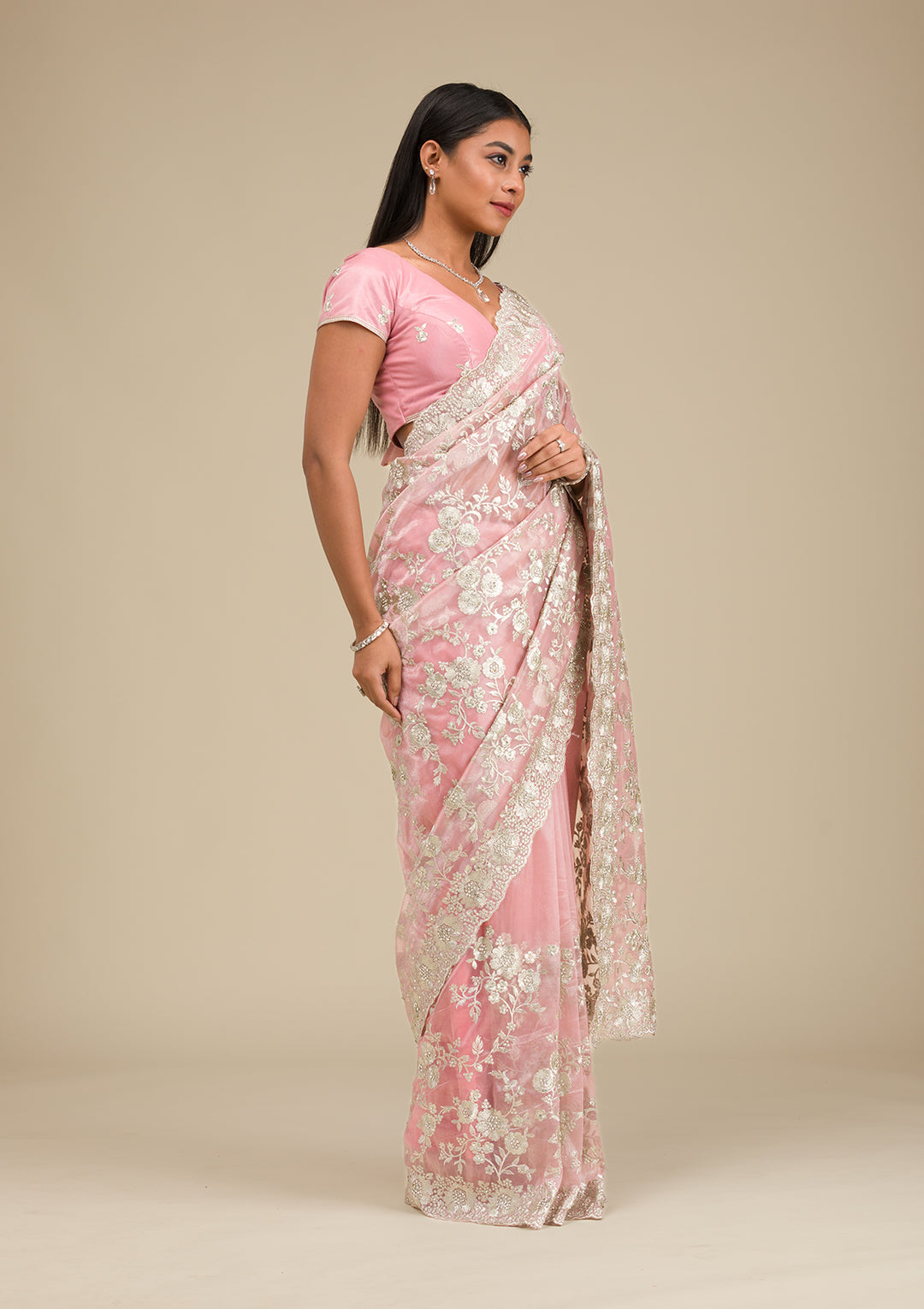 Peach Zariwork Tissue Saree