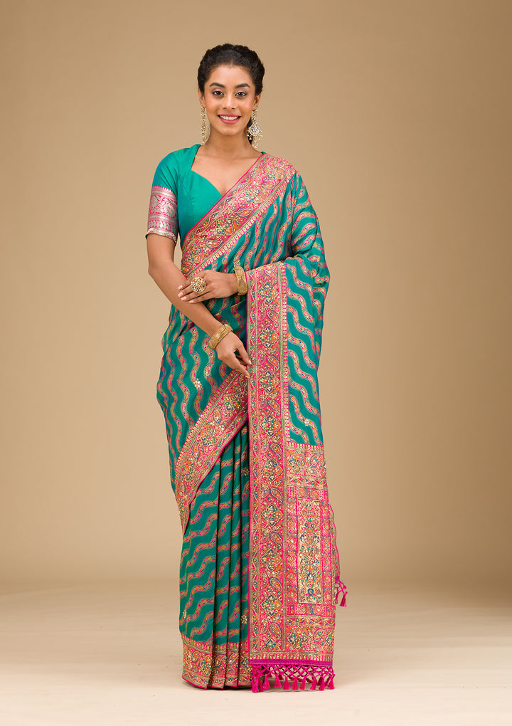 Peacock Blue Cutdana Art Silk Saree