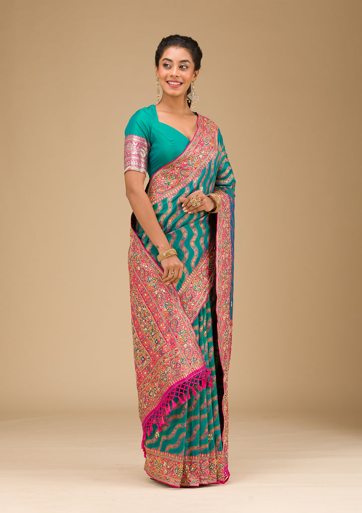 Peacock Blue Cutdana Art Silk Saree