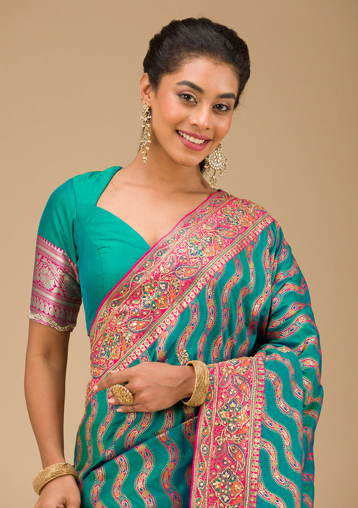 Peacock Blue Cutdana Art Silk Saree