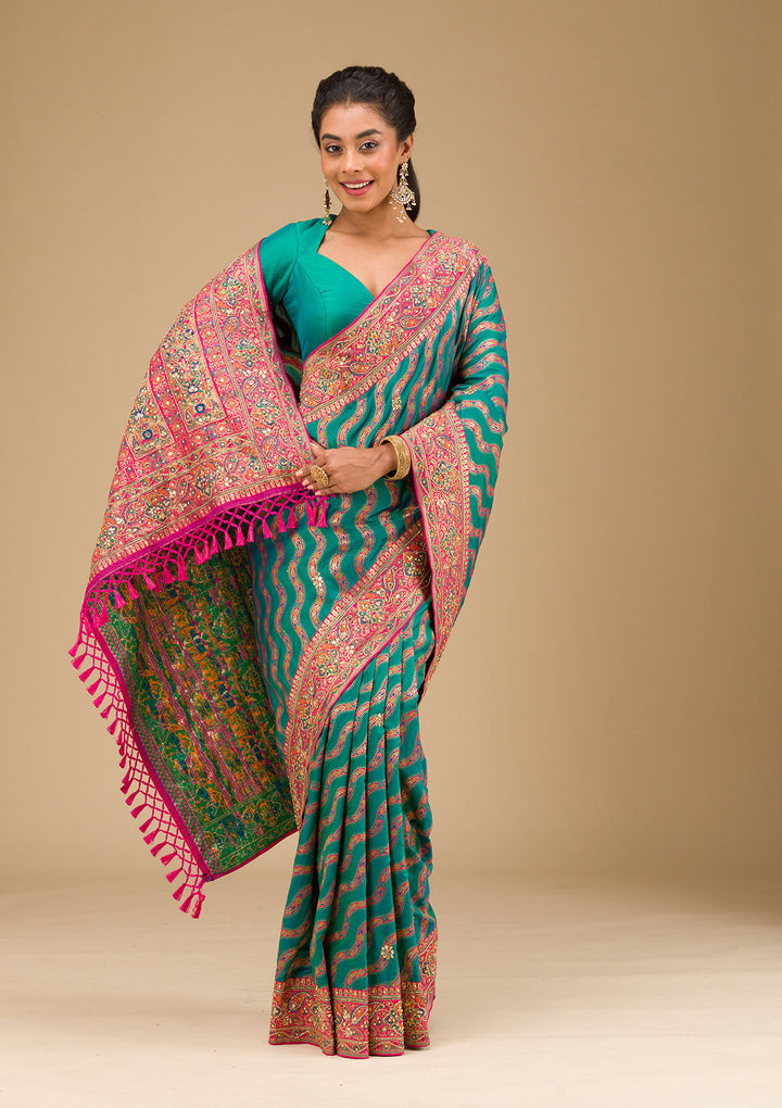 Peacock Blue Cutdana Art Silk Saree