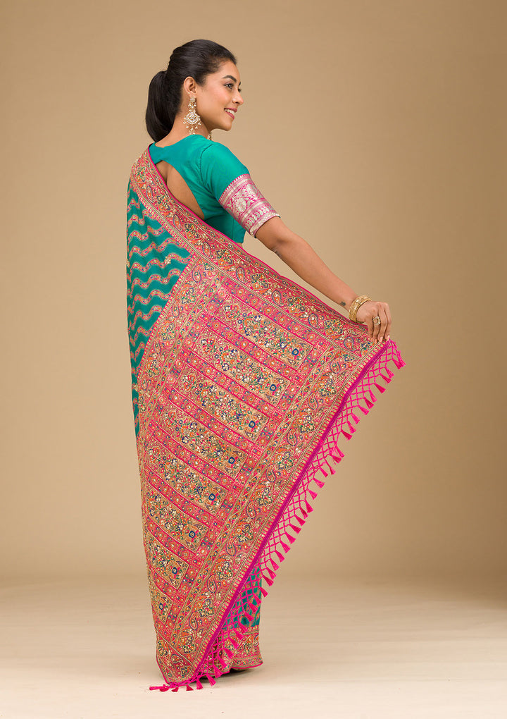 Peacock Blue Cutdana Art Silk Saree