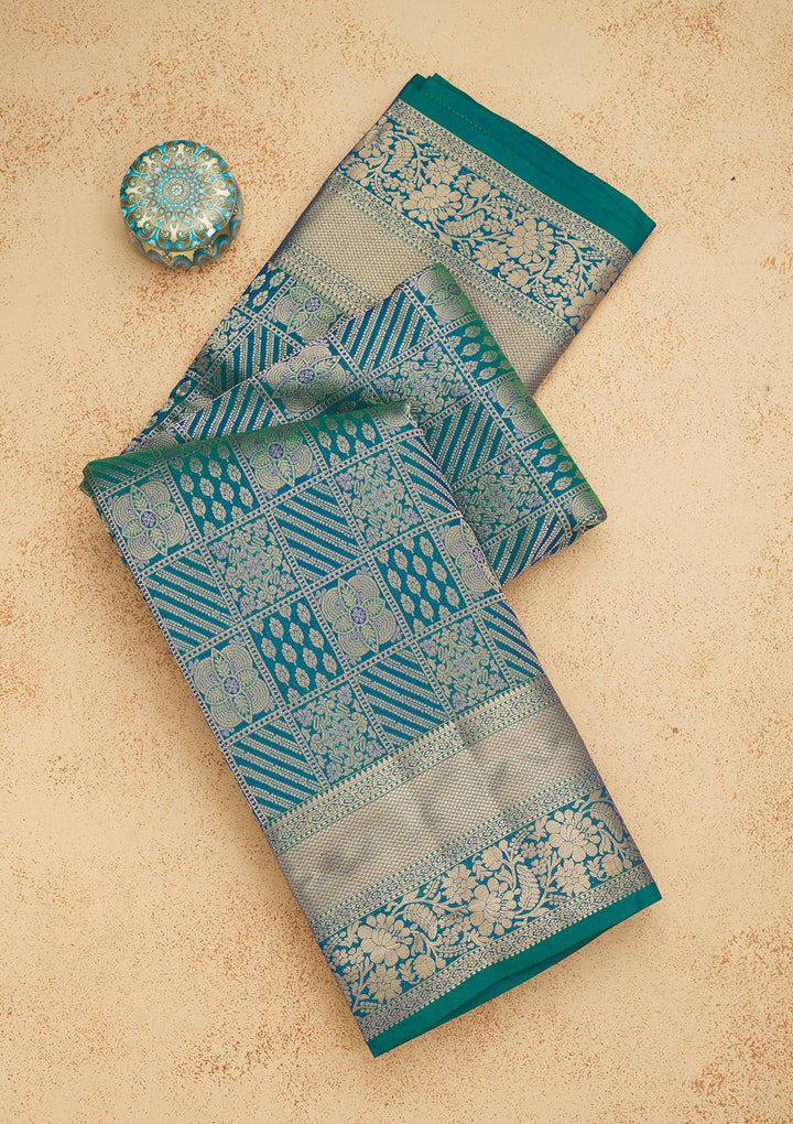 Peacock Blue Zariwork Pure Silk Saree
