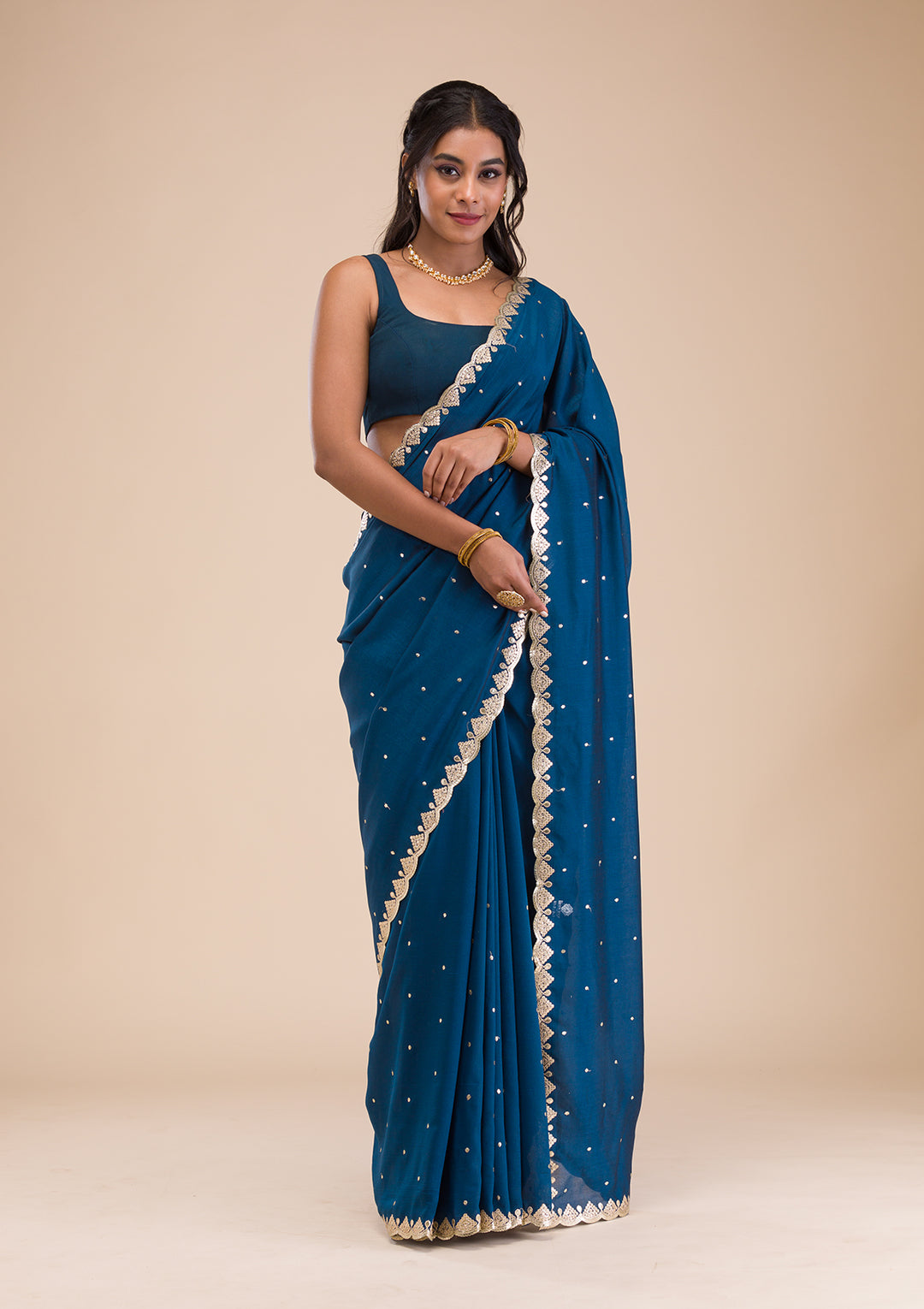Peacock Blue Gotapatti Raw Silk Saree