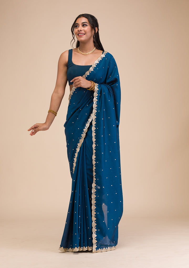 Peacock Blue Gotapatti Raw Silk Saree