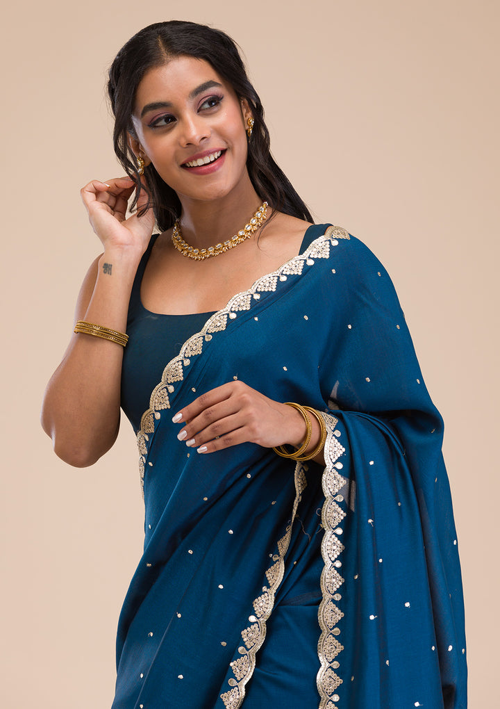 Peacock Blue Gotapatti Raw Silk Saree