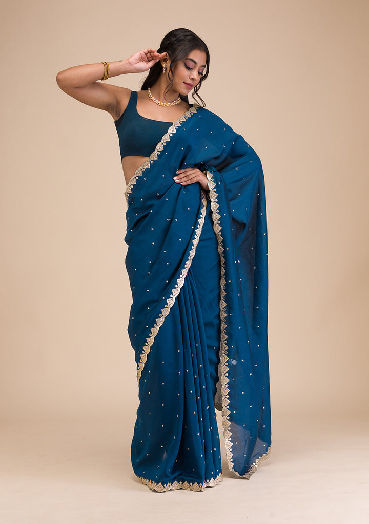 Peacock Blue Gotapatti Raw Silk Saree