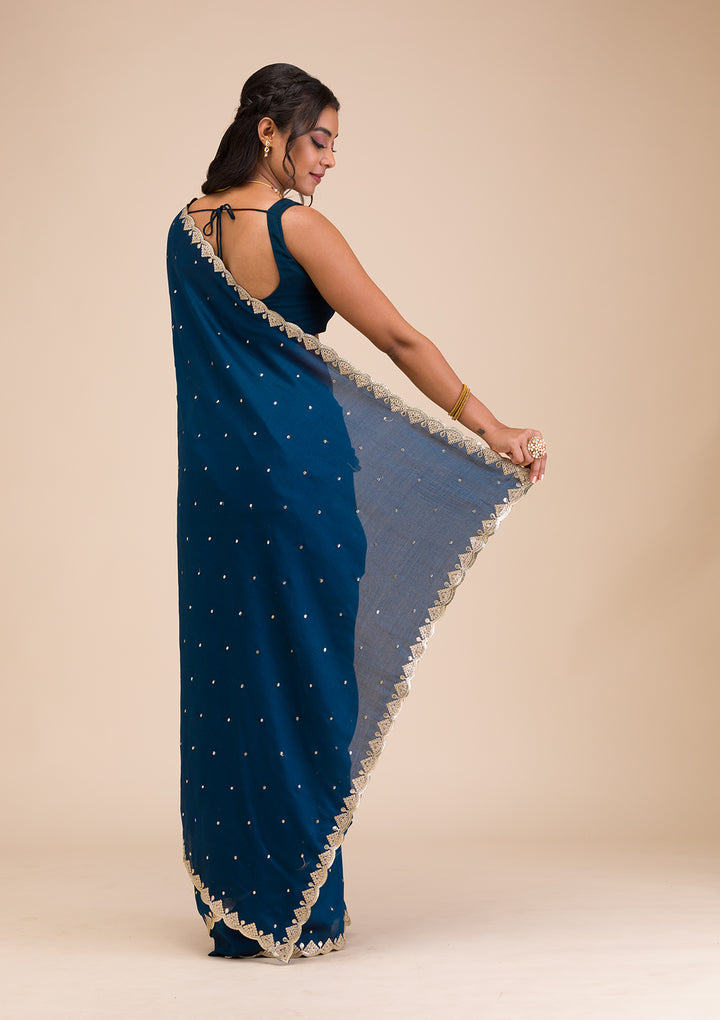Peacock Blue Gotapatti Raw Silk Saree