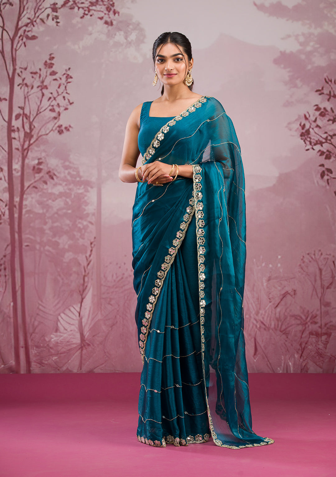 Peacock Blue Mirrorwork Tissue Saree