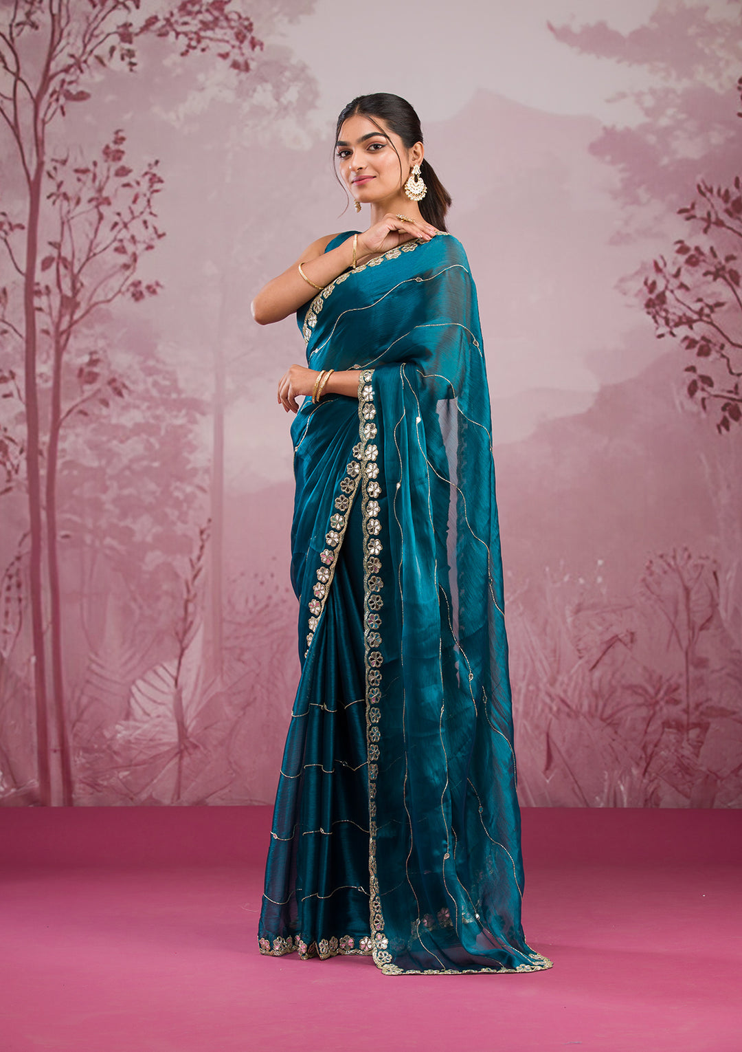 Peacock Blue Mirrorwork Tissue Saree