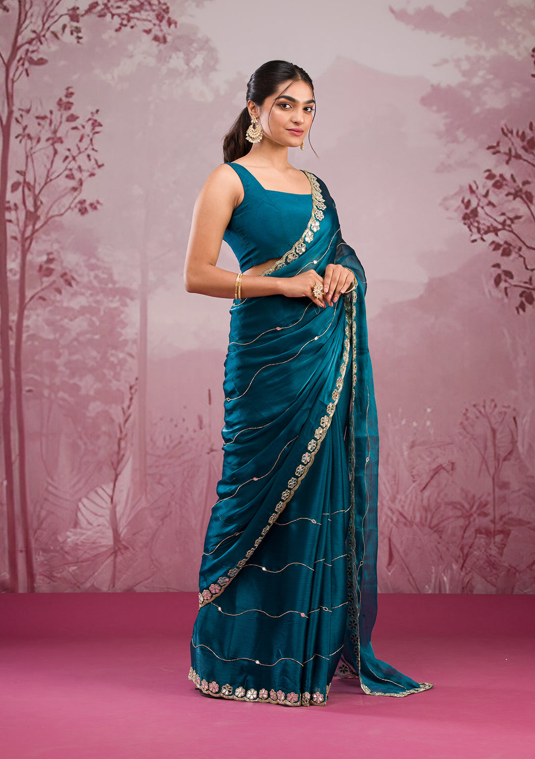 Peacock Blue Mirrorwork Tissue Saree