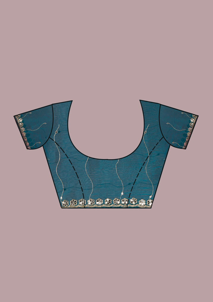 Peacock Blue Mirrorwork Tissue Saree