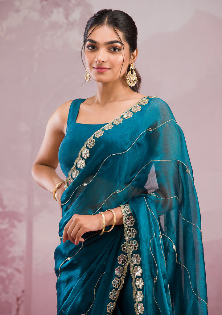 Peacock Blue Mirrorwork Tissue Saree