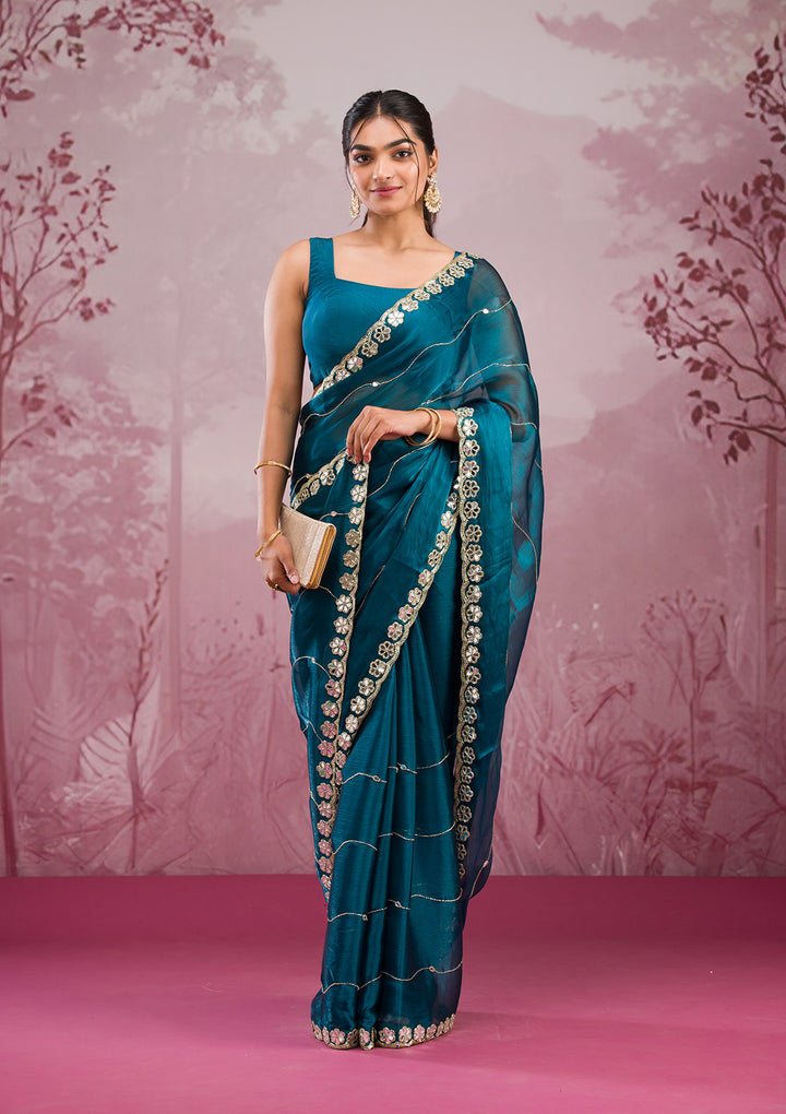 Peacock Blue Mirrorwork Tissue Saree