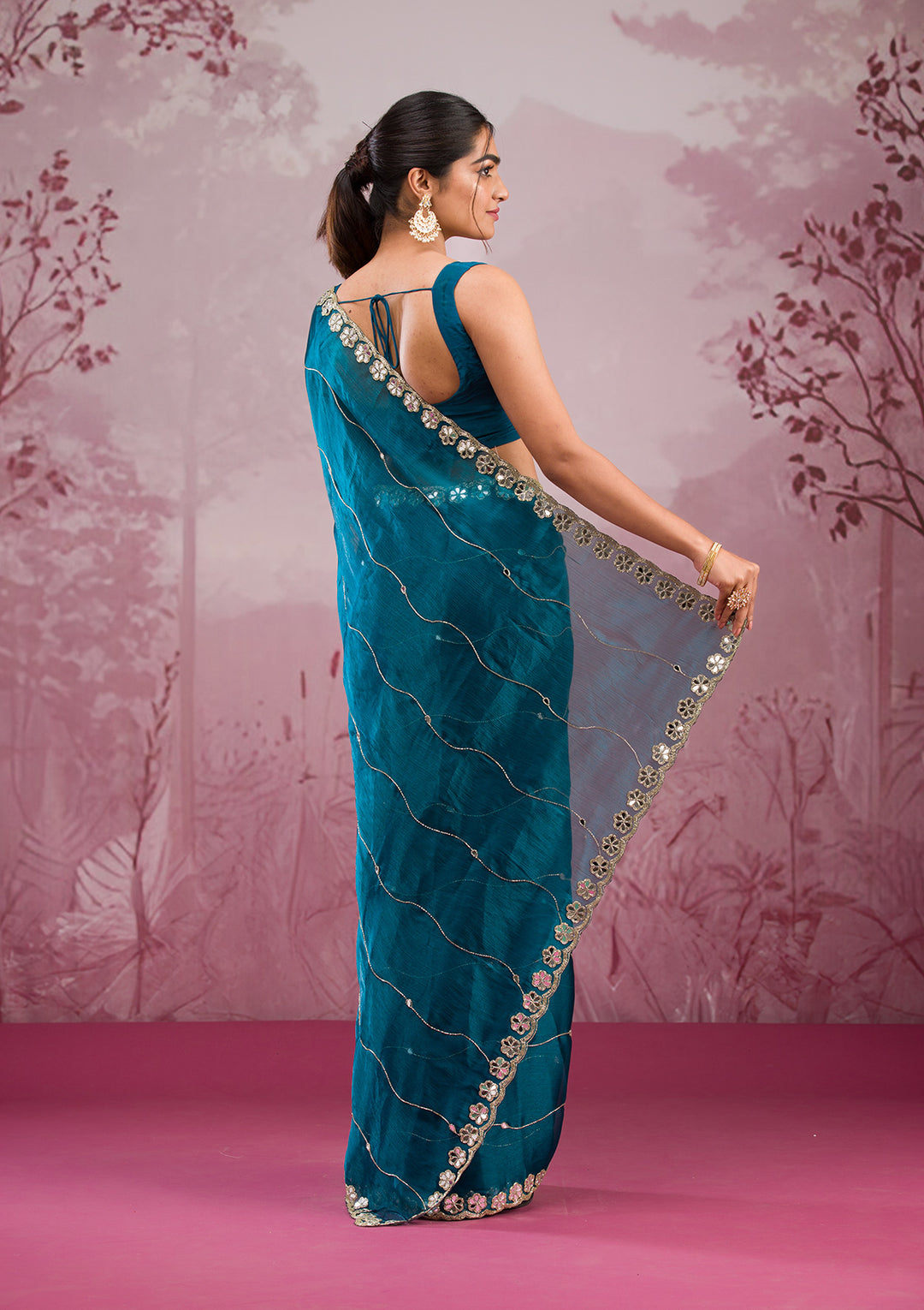 Peacock Blue Mirrorwork Tissue Saree