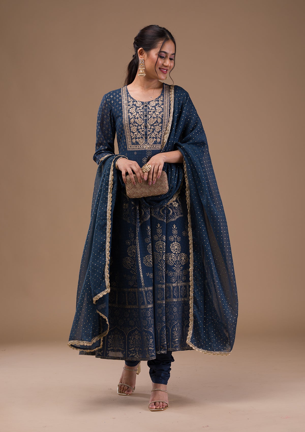 Peacock Blue Printed Crepe Readymade Salwar Suit