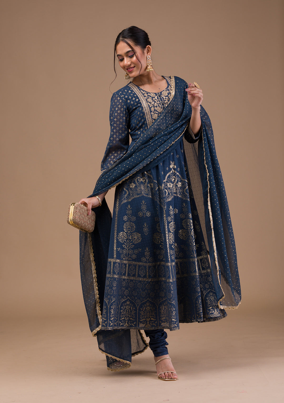 Peacock Blue Printed Crepe Readymade Salwar Suit