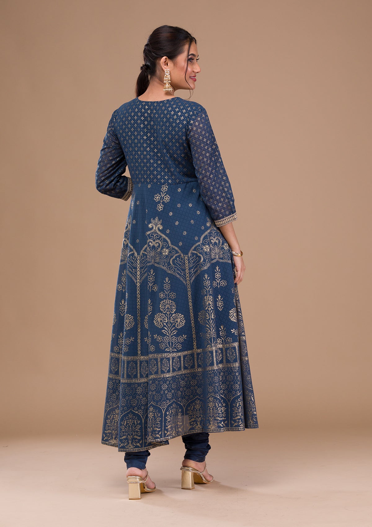 Peacock Blue Printed Crepe Readymade Salwar Suit