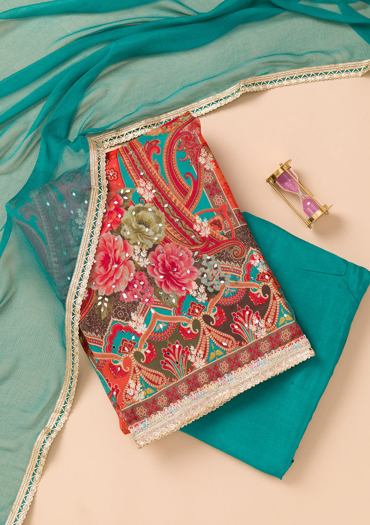 Peacock Blue Printed Georgette Unstitched Salwar Suit