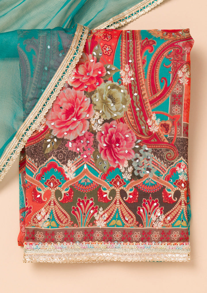 Peacock Blue Printed Georgette Unstitched Salwar Suit