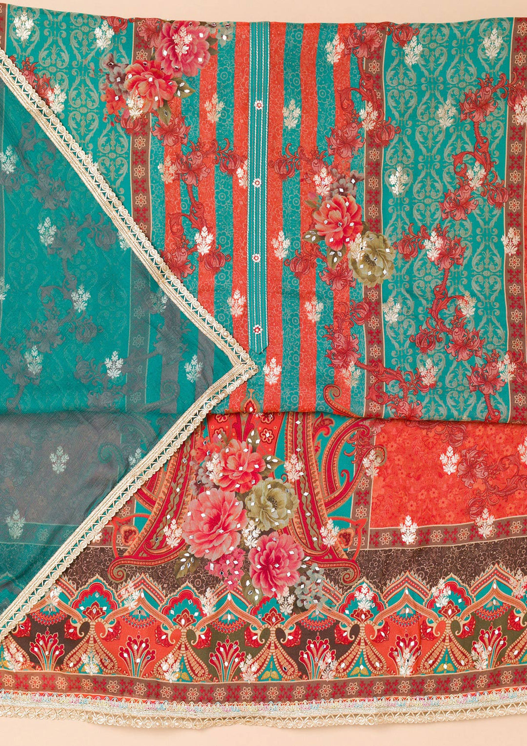 Peacock Blue Printed Georgette Unstitched Salwar Suit