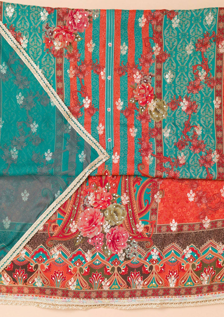 Peacock Blue Printed Georgette Unstitched Salwar Suit