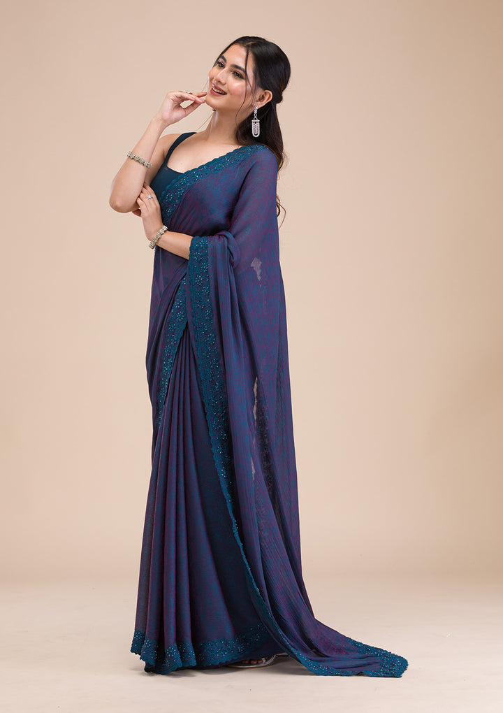 Peacock Blue Printed Georgette Saree