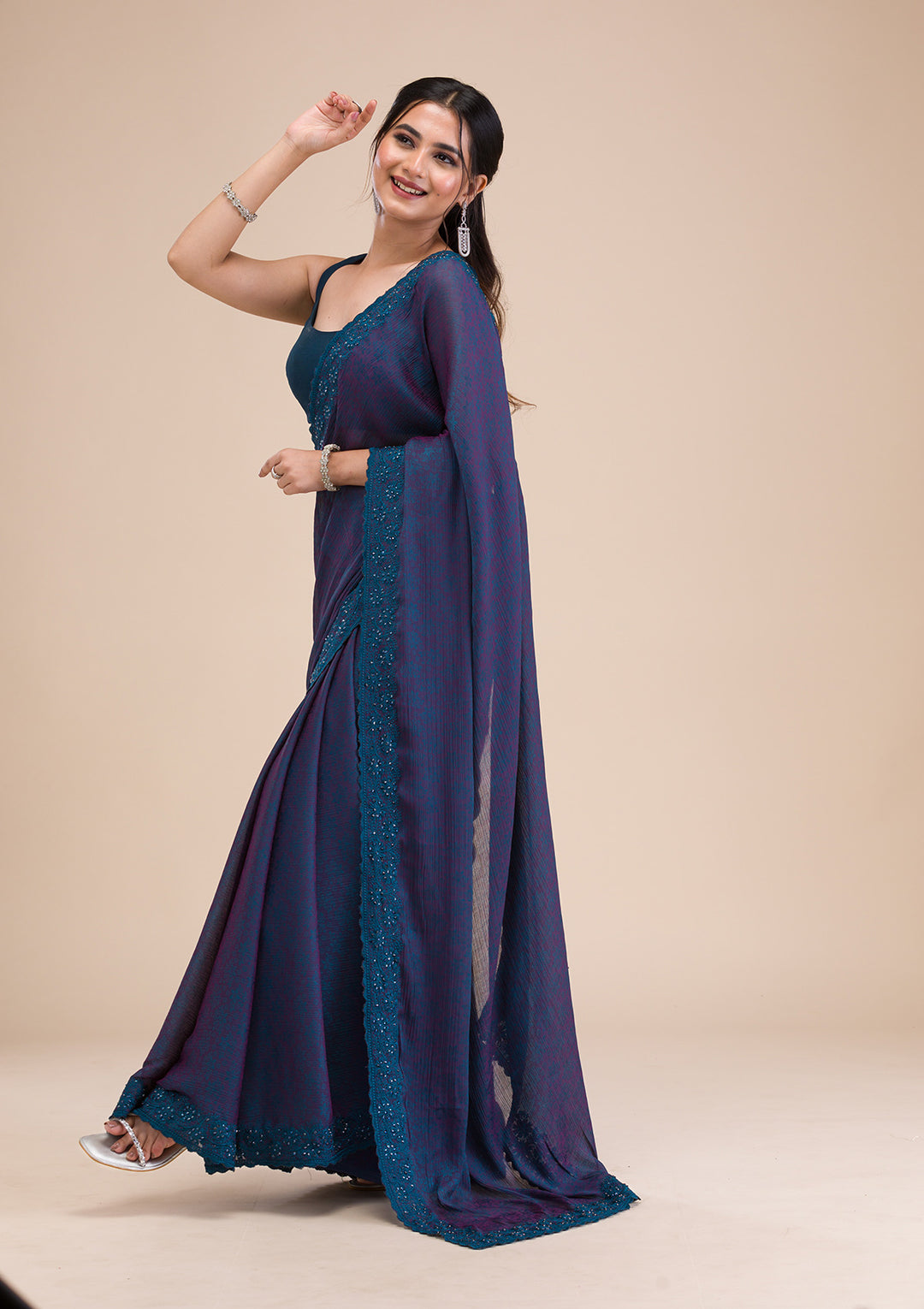 Peacock Blue Printed Georgette Saree