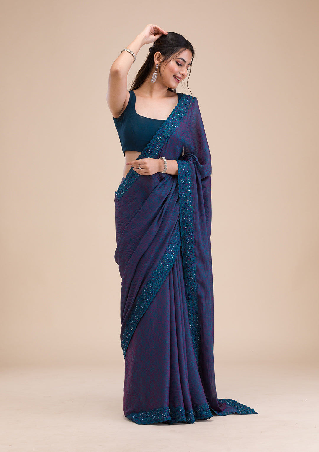 Peacock Blue Printed Georgette Saree