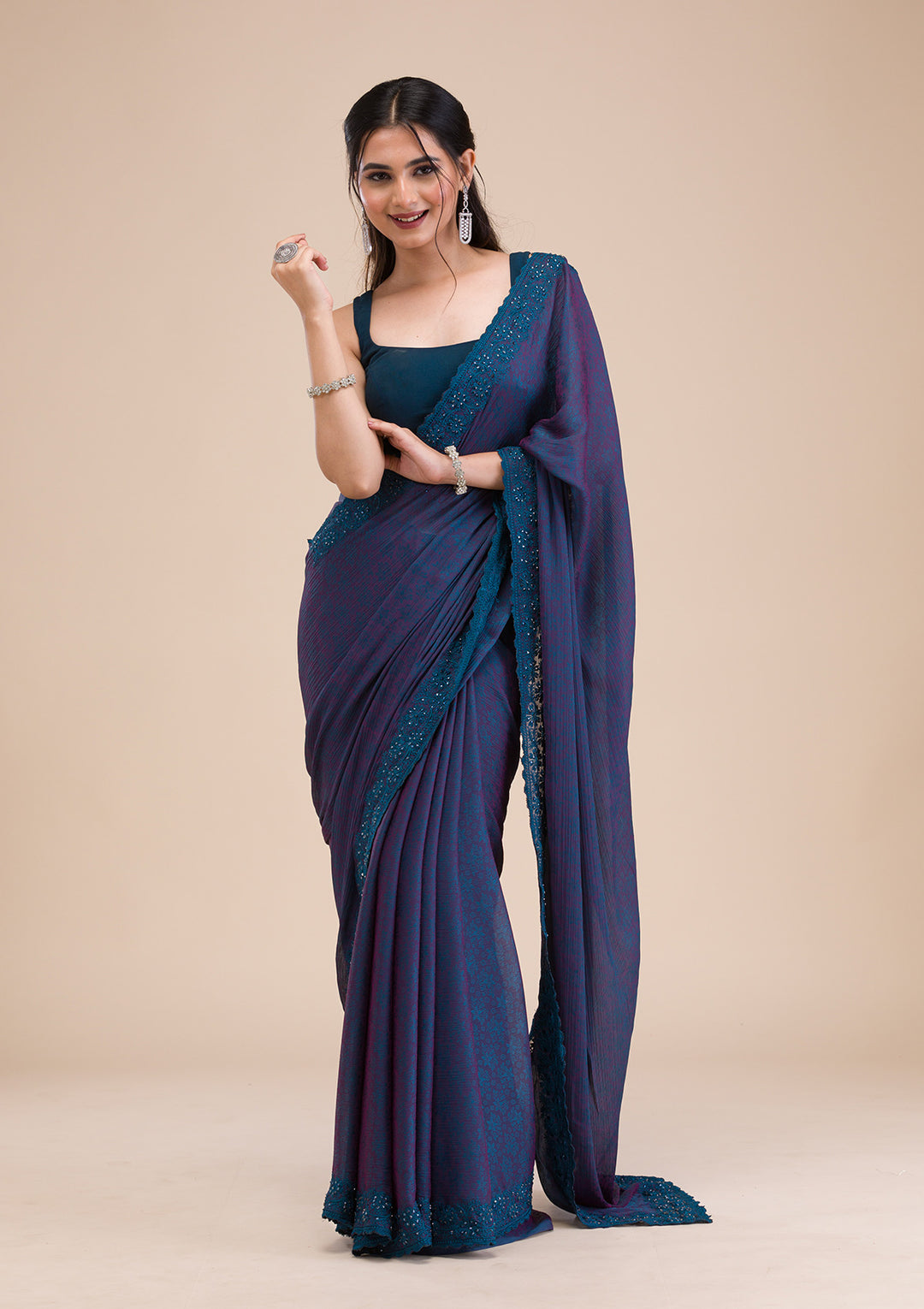 Peacock Blue Printed Georgette Saree