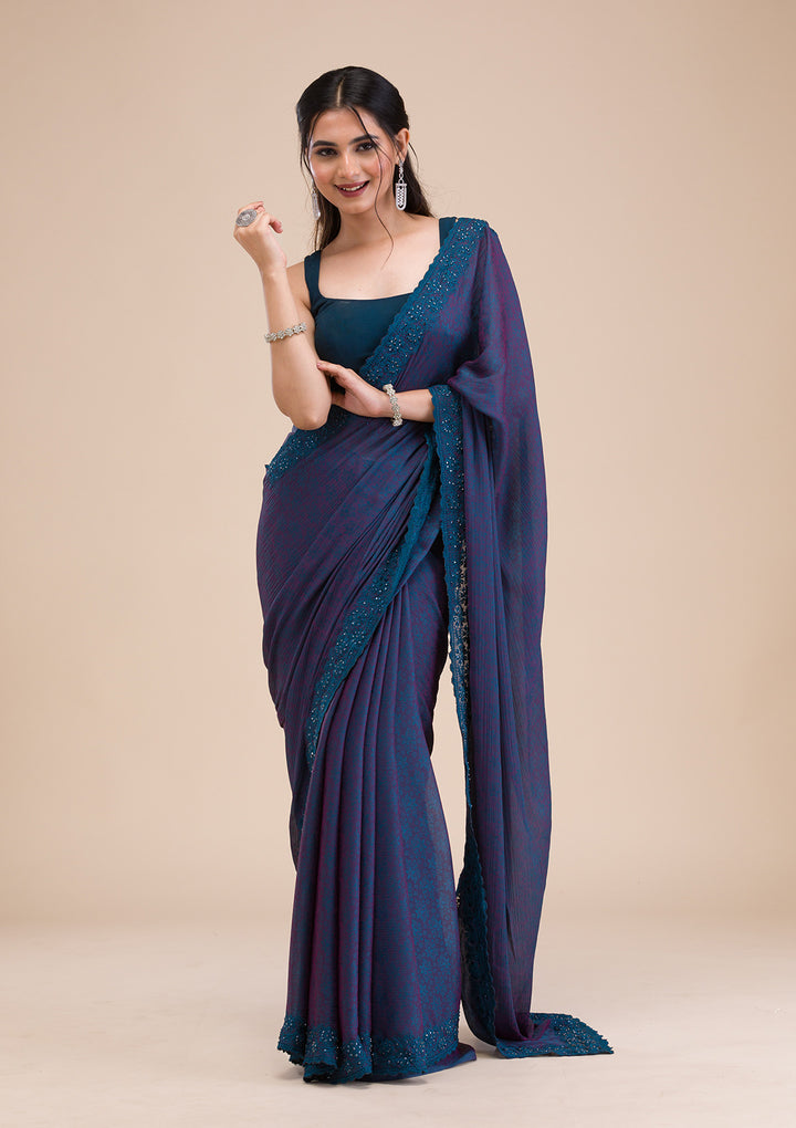 Peacock Blue Printed Georgette Saree
