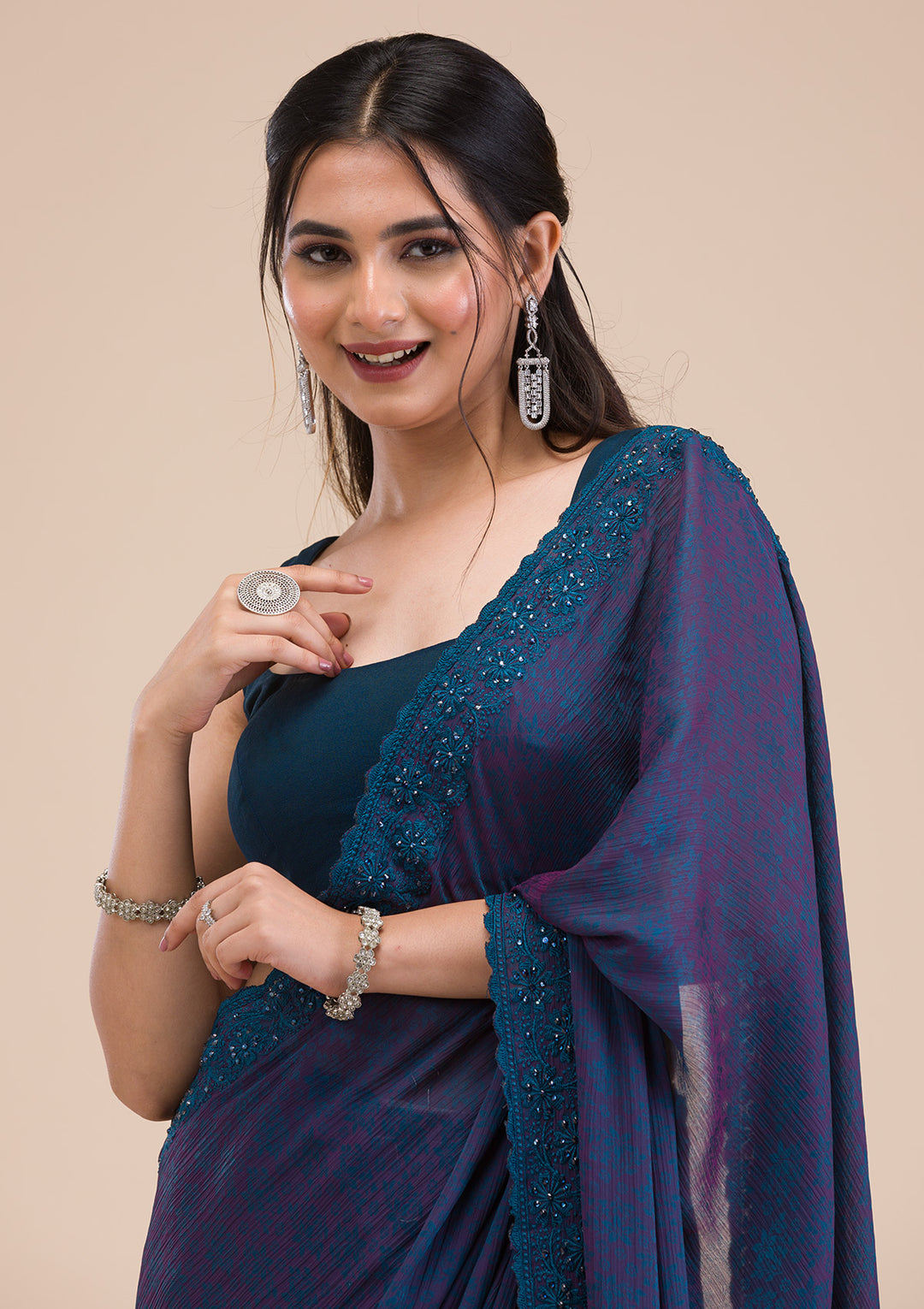 Peacock Blue Printed Georgette Saree