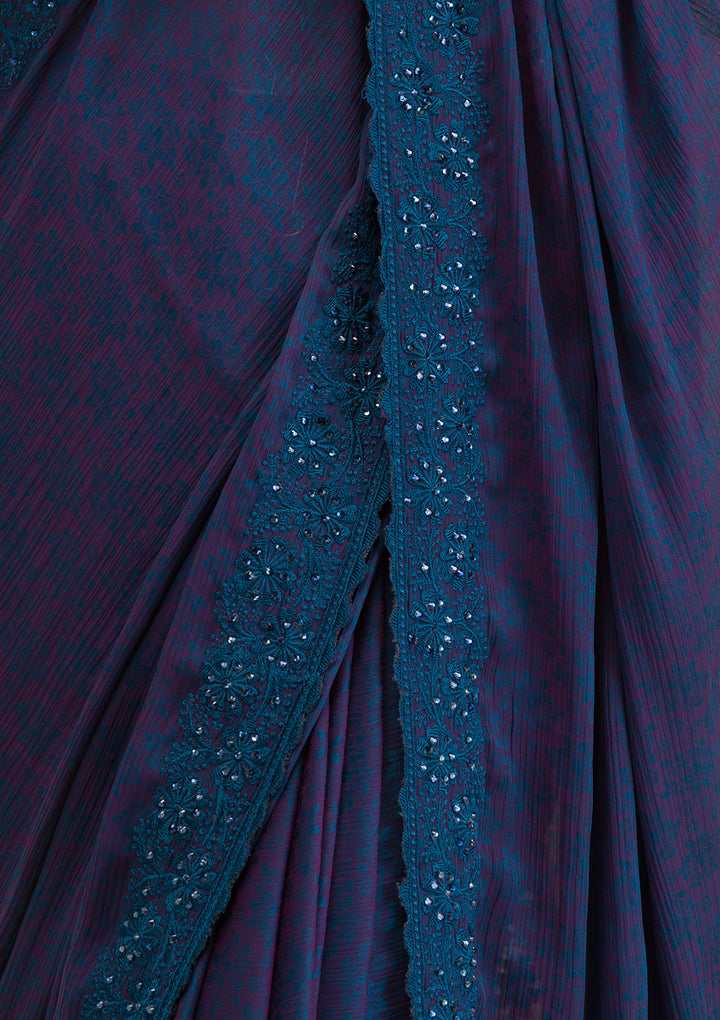 Peacock Blue Printed Georgette Saree